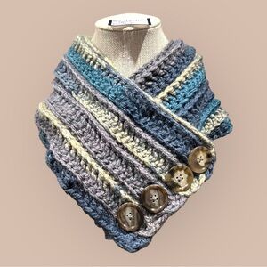 Crocheted Cable 4 Button Scarf - Loops & Thread Barcelona Blue Grey Breeze
